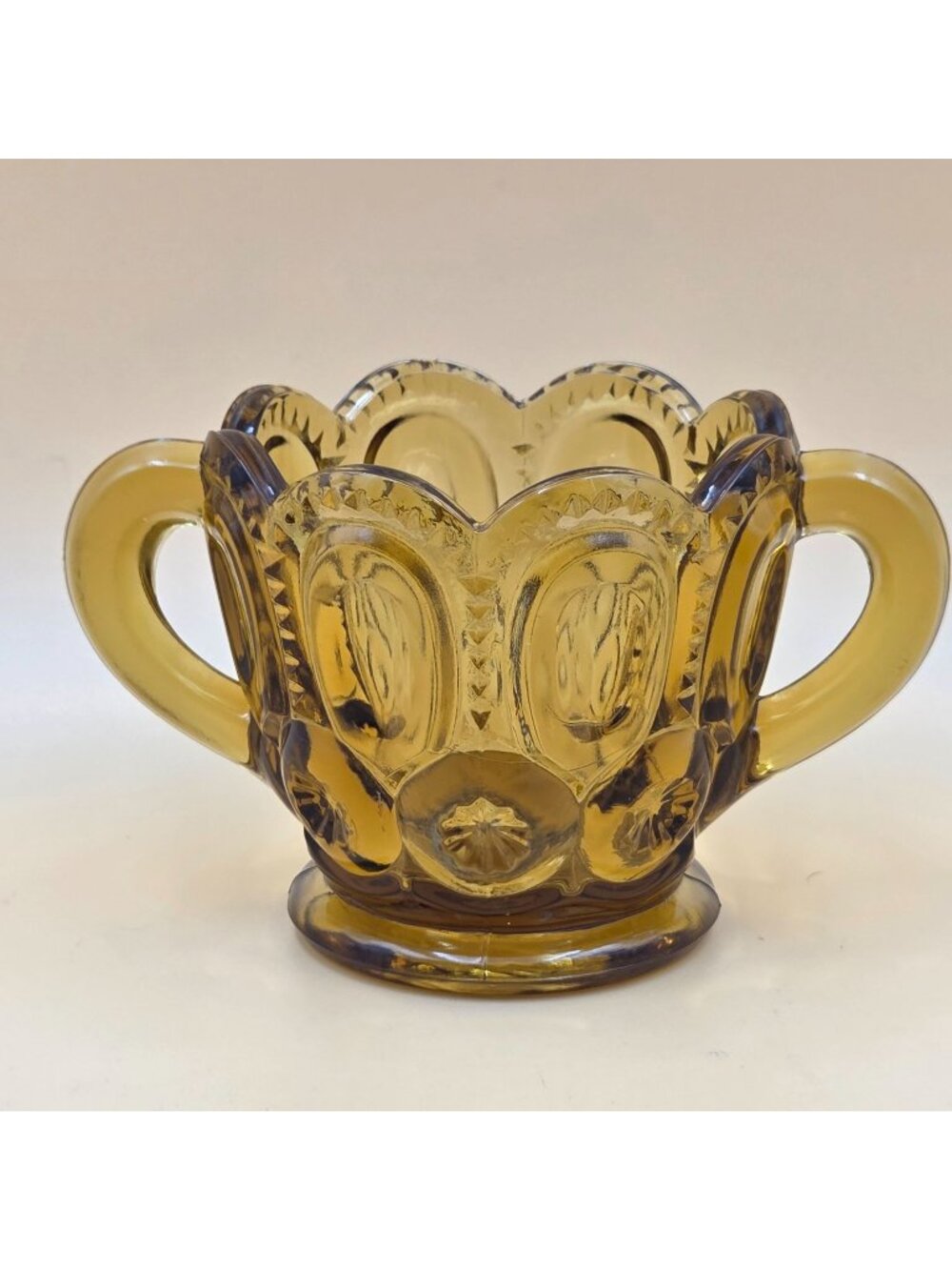 L E Smith Moon and Star Amber Glass Open Sugar Bowl Double Handle Vintage